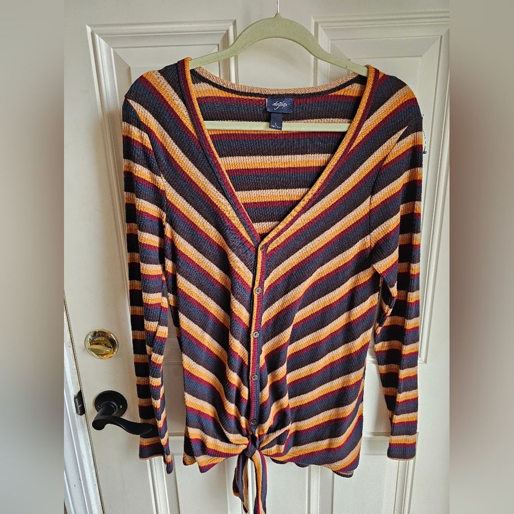 DayTrip Striped V-Neck Button-Up Sweater/cardigan